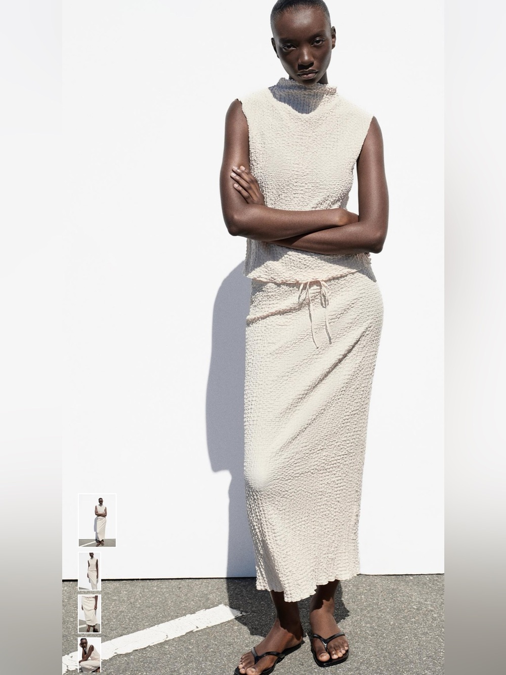 Zara Textured Mid Rise Neutral Cream Maxi Skirt with Drawstring